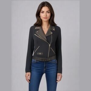 The Kooples Women's Size 34‎ XS Wool Moto Jacket Black Belted Asymmetrical Biker
